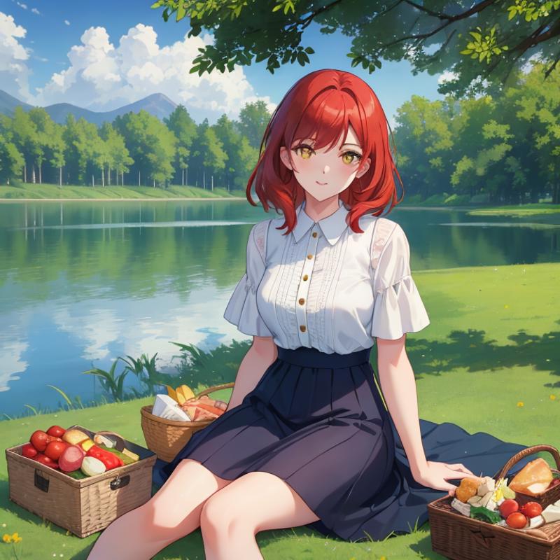 00164-2299588987-1Girl, mature, American, redhead, medium hair, yellow eyes, sitting on a picnic blanket near a lake, elegant summer dress, happy.png